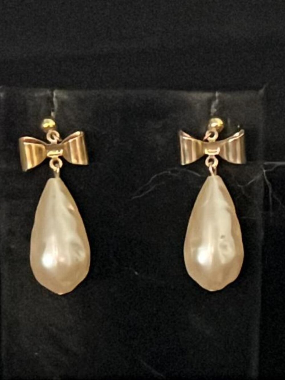 Gold Tone Bow with Faux Pearl Teardrop Earrings